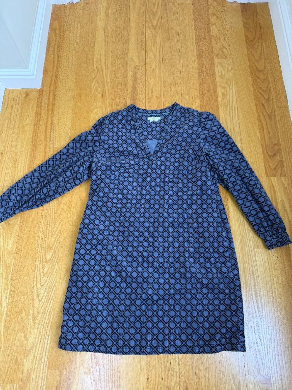 Boden Corduroy Dress Blue Black Trellis V-Neck Esmeralda (16-18) - Picture 6 of 9